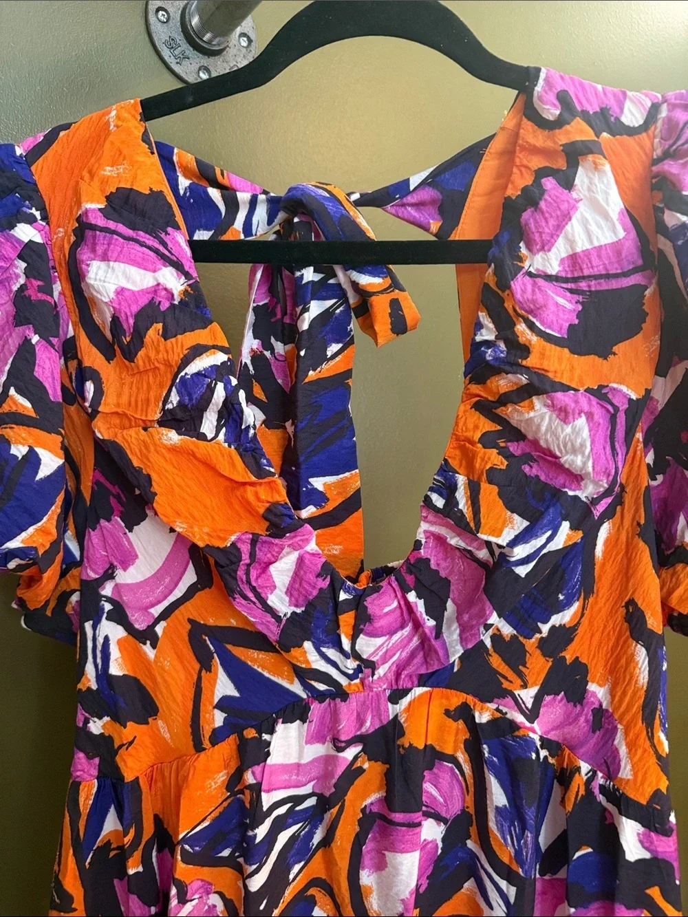 Anthropologie Orange Floral Puff-Sleeve Midi Dress with Pink & Purple Accents